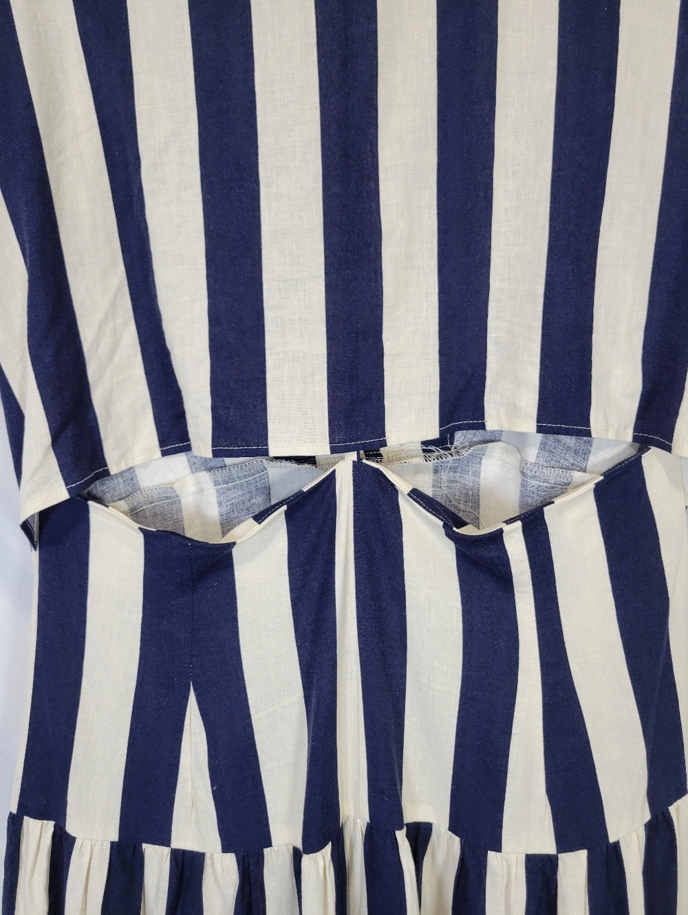 Zara Striped Tiered Linen Blend Cut Out Midi Shirt Dress Nautical Coastal Boho - Picture 14 of 16
